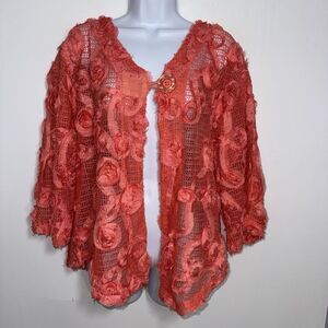 Kaktus Mesh Open Knit Coral Applique Cardigan Art Wear Boho Women Large NEW